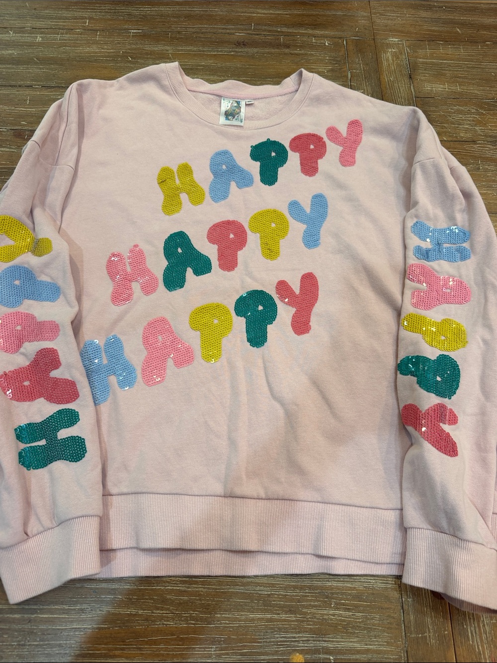 QUEEN OF SPARKLES Pink Sequin "HAPPY" Crewneck Sweatshirt